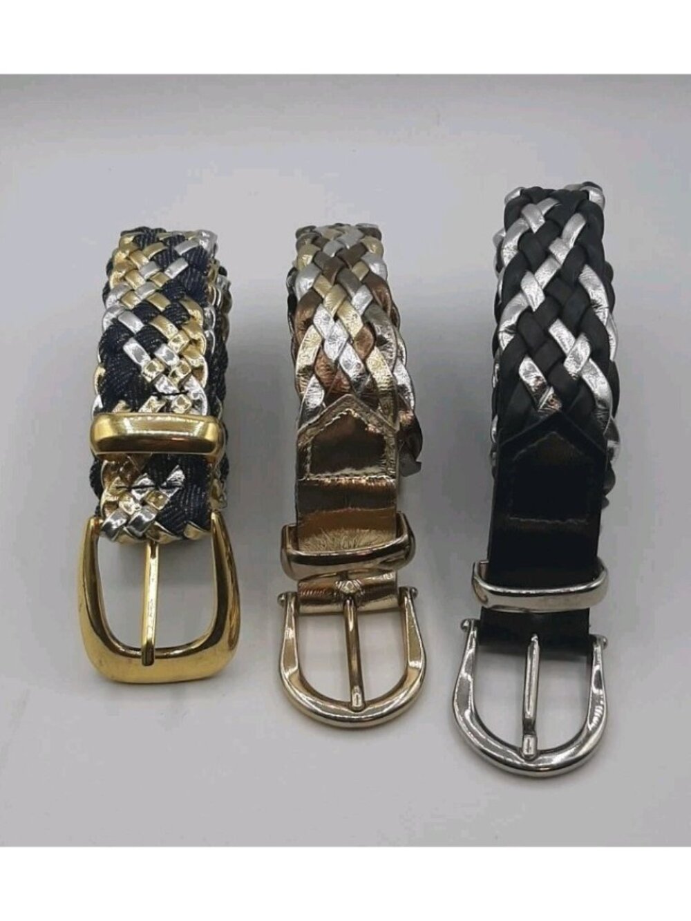 Vtg 3 Women's  Gold Silver Tone Braided Belt Adjustable Buckle With Metal Tip